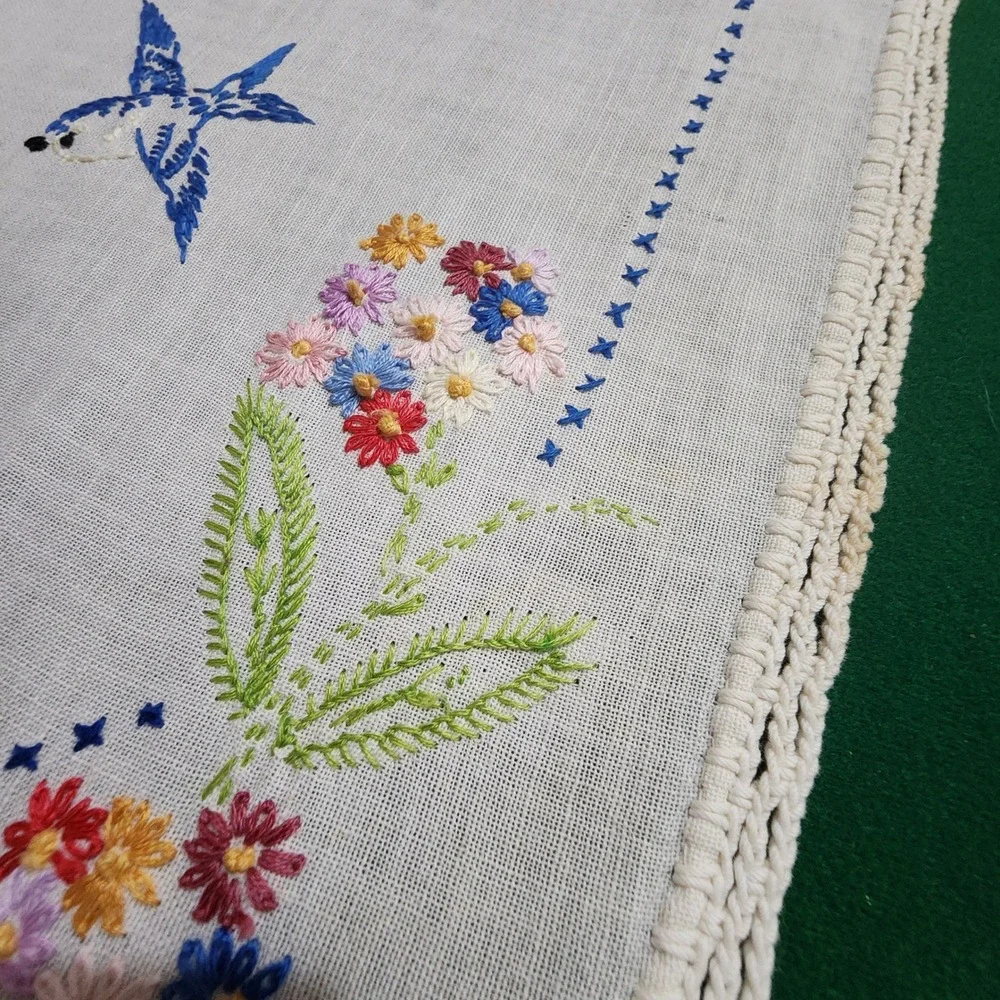 Antique Hand Embroidered Table Runner Bluebird Floral Crochet Lace Trim 36x11